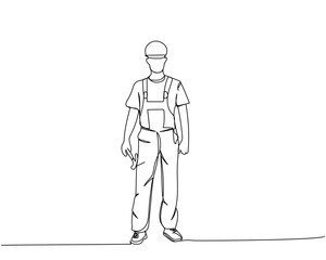 Builder with hammer in working uniform, protective overalls, hard hat, safety one line art. Continuous line drawing of repair, professional, hand, people, concept, support, maintenance.