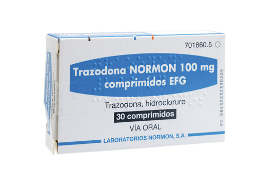 Huelva, Spain - September 25, 2023: A Spanish box of Trazodone, brand Normon, is an antidepressant medication used to treat major depressive disorder, anxiety disorders, and difficulties with sleep