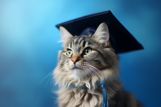 Medium shot portrait photography of a happy laperm cat wearing a graduation cap against a soft blue background. With generative AI technology