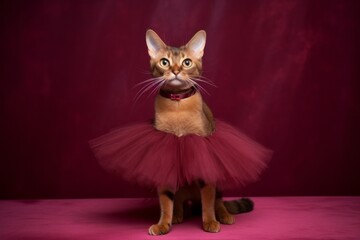 Full-length portrait photography of a smiling abyssinian cat wearing a ballerina tutu against a rich maroon background. With generative AI technology - obrazy, fototapety, plakaty