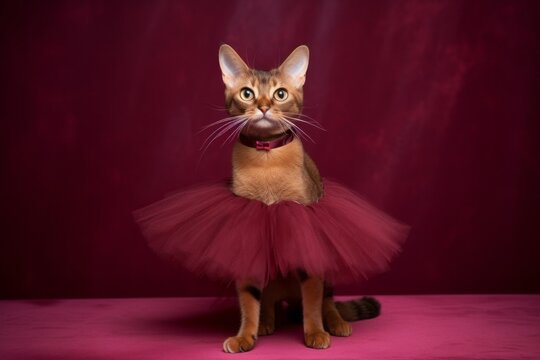 Full-length portrait photography of a smiling abyssinian cat wearing a ballerina tutu against a rich maroon background. With generative AI technology