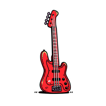 Bass guitar vector icon in minimalistic, black and red line work, japan web