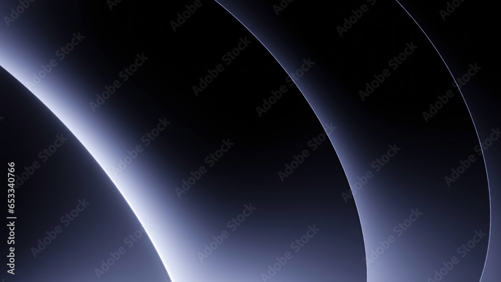 Poster Neon lines move in flow of waves. Design. Glowing neon lines move in waves. Stream of circular lines with neon light on black background