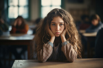 Photography generative AI concept of lovely girl high school student sitting at the table in...