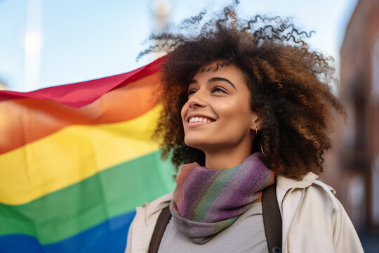Generative AI portrait of beautiful proud young woman lgbt pride demonstration with a rainbow flag