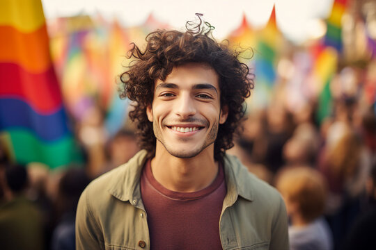 AI generated portrait of happy young guy standing for the legality lgbt on demonstration