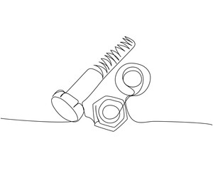 Screw, bolt and nut, dowel, pin, pintle one line art. Continuous line drawing of repair, professional, hand, people, concept, support, maintenance.