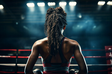 Generative AI photo of confident professional boxer sporty person in a boxing ring isolated in dark background - obrazy, fototapety, plakaty