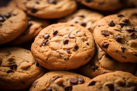 Close up generative AI image of chocolate chip tasty cookies