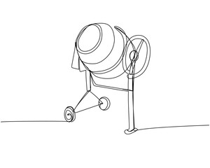 Portable concrete mixer, Electric Concrete Mixer, Cement Hand Mixer one line art. Continuous line drawing of repair, professional, hand, people, concept, support, maintenance.