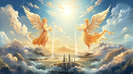Divine Gaze: Christ Child and Angels Observing Earth from Heavenly Clouds in 8K created with generative ai technology
