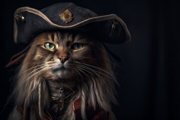 Headshot portrait photography of a happy somali cat wearing a pirate hat against a dark grey...