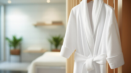 white bathrobe in the bathroom - obrazy, fototapety, plakaty