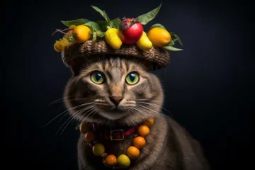  Lifestyle portrait photography of a smiling havana brown cat wearing a fruit hat against a dark grey background. With generative AI technology © Markus Schröder