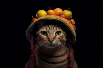 Zelfklevend Fotobehang Lifestyle portrait photography of a smiling havana brown cat wearing a fruit hat against a dark grey background. With generative AI technology © Markus Schröder