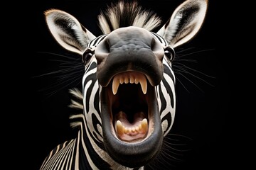 Zebra with an open mouth close-up. The creative concept of funny and cute animals.
