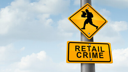 Retail crime theft problem robbing and shoplifting stores business concept of a shoplifter stealing merchandise from a retailer as a thief committing larceny