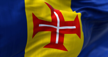 Close-up of Madeira flag waving in the wind