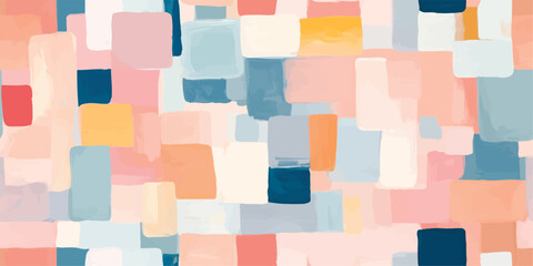 Trendy abstract geometric seamless pattern with pink, orange and blue brush strokes, Fashionable template for design. Soft color palette, flat color blocks, shapes backgrounds