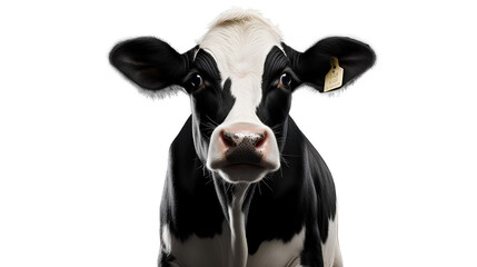 Black cow close-up shot. Front view. Isolated on Transparent background.