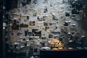investigation paper cuting pasted on bord like a spy annalisis on wall or bord detective annalisis, images sticked on wall papercutouts room of a spy or dtective Investigation, Spy analysis, Detective