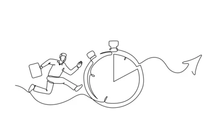 Crédence de cuisine en verre imprimé Une ligne continuous line drawing of man running with bag and time to go to work, timer, people, concept for business vector illustration