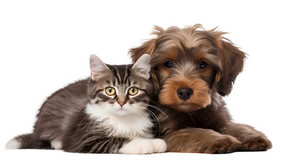 Mixed breed dog and cat friends Adorable kitten and dog. Isolated on Transparent background.