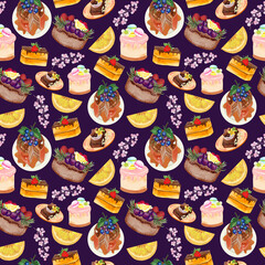 Cupcake Cake  Bread Bakery Dessert on the theme of love valentine's day  with Butter Cream and Fruit seamless pattern background
