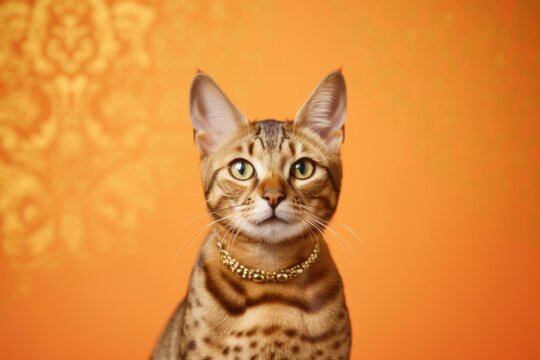 Medium shot portrait photography of a happy ocicat cat wearing a king's crown against a tangerine orange background. With generative AI technology