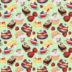 Cupcake Cake  Bread Bakery Dessert on the theme of love valentine's day  with Butter Cream and Fruit seamless pattern background