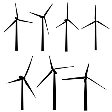 Set of isolated wind turbine vector silhouettes