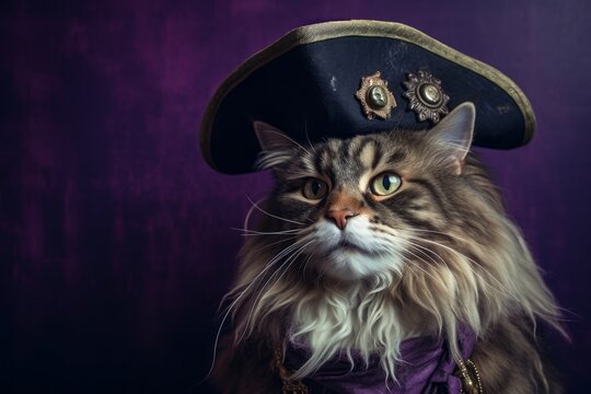 Photography in the style of pensive portraiture of a funny norwegian forest cat wearing a pirate hat against a deep purple background. With generative AI technology