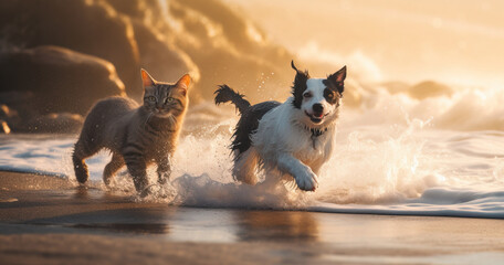cat and dog on the beach.