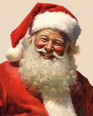 Classic Jolly Santa Claus Portrait in Retro Painting Style, Isolated Vintage Smiling Father Christmas