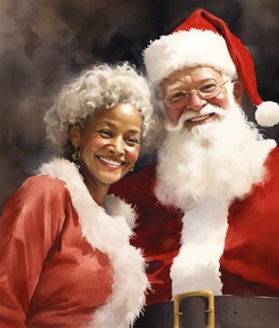 Mrs. Claus and Santa, Joyful Portrait Together, Happy Married Father Christmas and Wife Interracial Couple