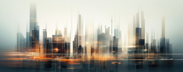 Blurred cityscape with high-rise buildings under construction.