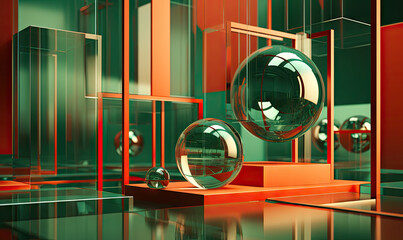 Vibrant, abstract room featuring bold colors and glassmorphism spheres.