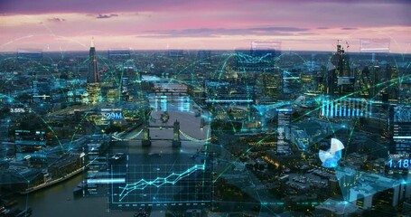 Magnificent Aerial view of Futuristic London with Holographic Financial Elements and Connections. Famous Bridges and Skyscrapers at Sunset.  Bar and Pie Charts. AR. Wifi 5G Network. IOT. Shot in 8K. - Powered by Adobe