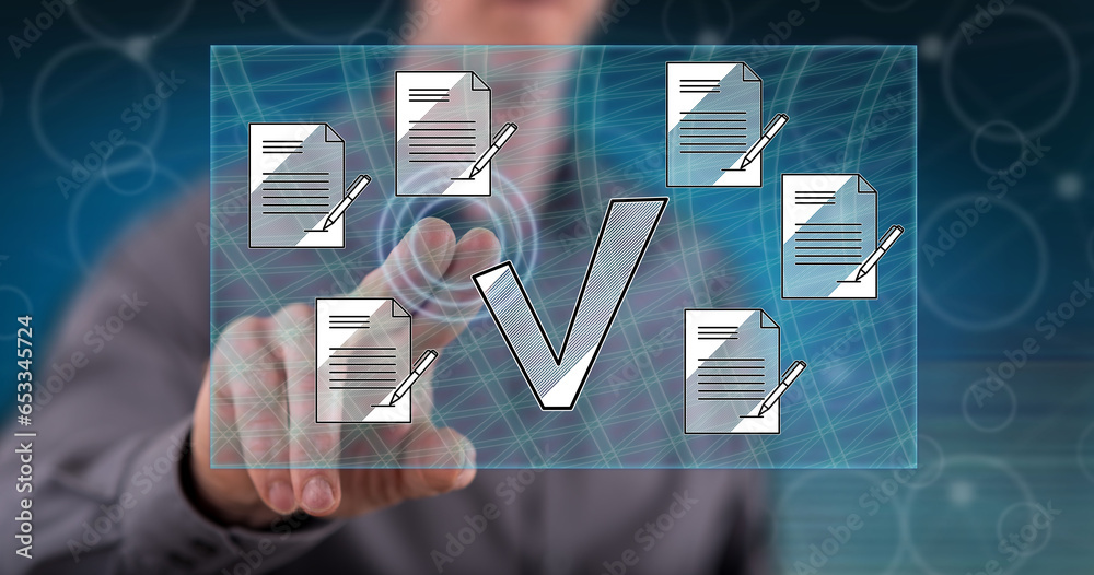 Wall mural man touching a document validation concept