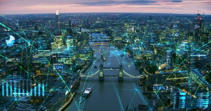 Futuristic Aerial Skyline of London with Stock Exchange Figures and Network Connections. Augmented Reality Elements With Financial Charts And Data. Representing Concepts As Big Data, AR, IOT.