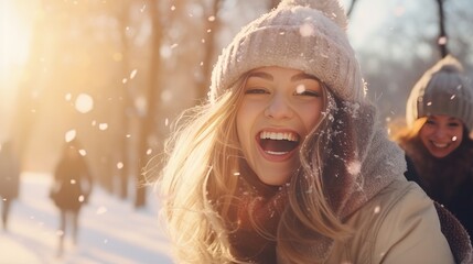 Outdoors, Flying Snowflakes, Cheerful beautiful young women having fun in Winter Park - obrazy, fototapety, plakaty