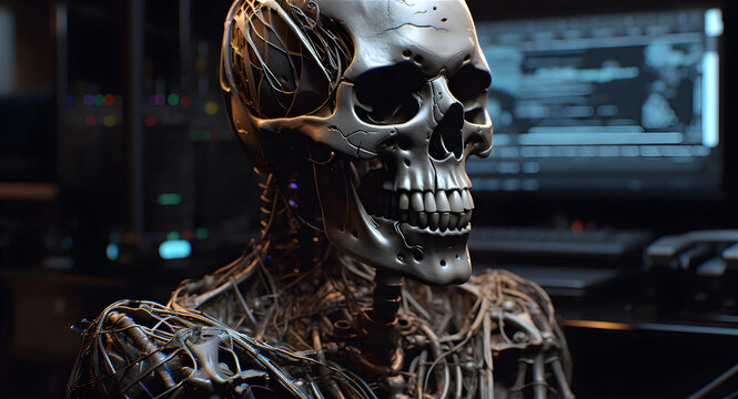  A Robot Skeleton Sits At A Computer. Generative AI	

