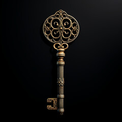 antique carved key to a lock, door on a black background