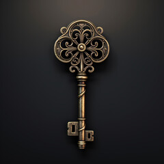 antique carved key to a lock, door on a black background