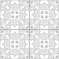 Black lines on white background.
Wallpaper with figures from lines. Abstract geometric black and white pattern for web page, textures, card, poster, fabric, textile. Monochrome repeating design. 