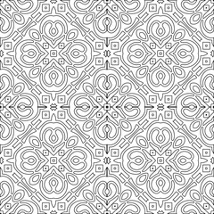 Black lines on white background.
Wallpaper with figures from lines. Abstract geometric black and white pattern for web page, textures, card, poster, fabric, textile. Monochrome repeating design. 