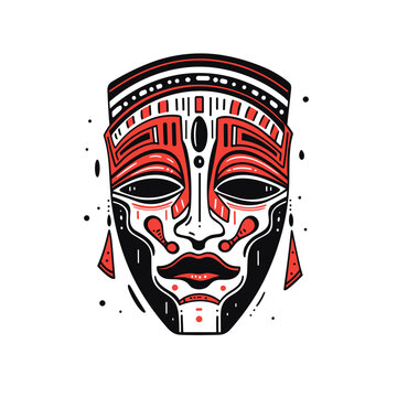 Greek tragedy mask vector icon in minimalistic, black and red line work, japan web