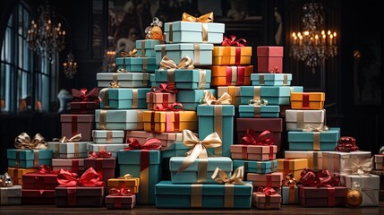 Splendid Pile of colorful Christmas Gifts in 8K created with generative ai technology