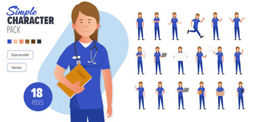 Simple flat female nurse woman vector character in a set of multiple poses. Easy to edit and isolated on a white background. Modern trendy style character mega pack with lots of poses. 