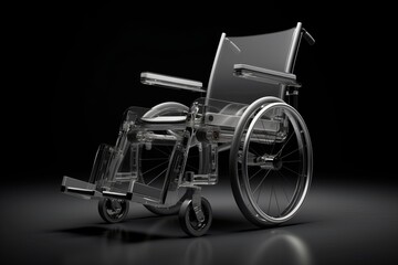 Fototapeta premium Wheelchair displayed in 3D, with a design you can see through, on a slightly shaded gray background.